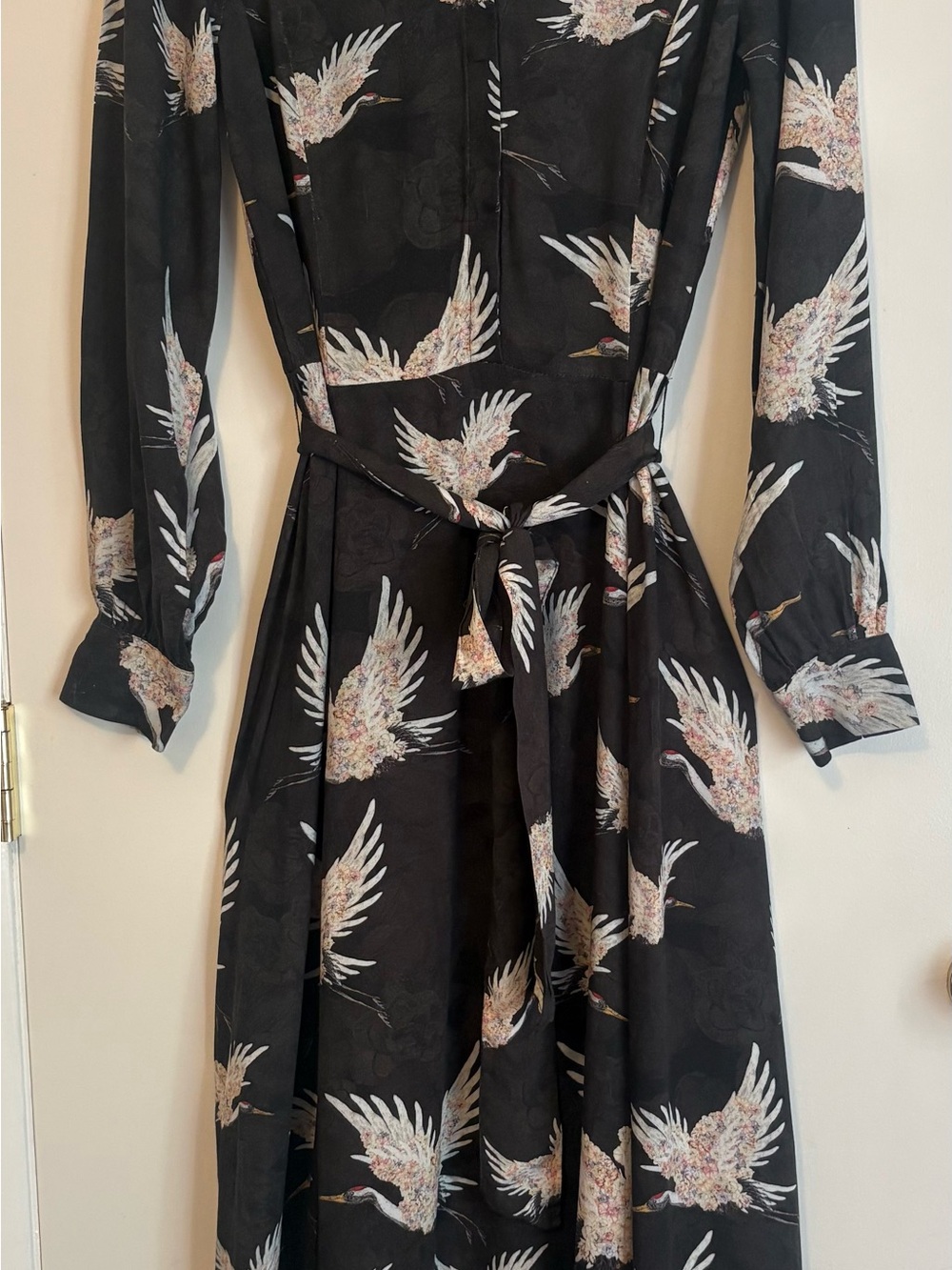 H&M Black Long-Sleeve Midi Dress with Cream Crane Print